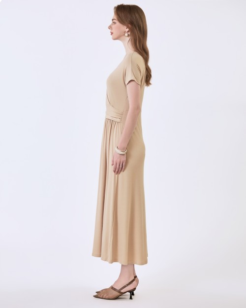 SIXDO G-Beige V-Neck Woven Flared Dress